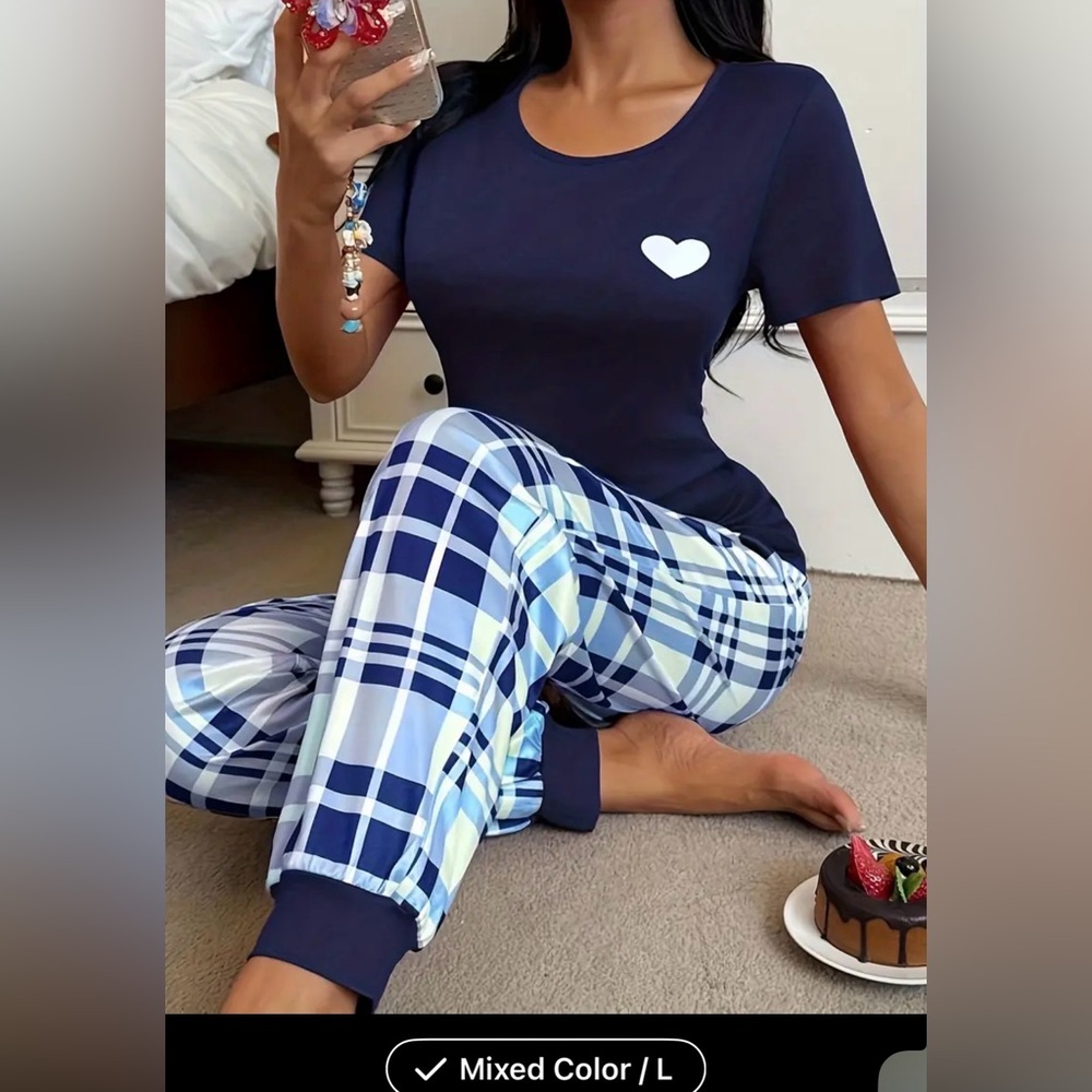 Navy Heart Tee with Blue Plaid Jogger Set